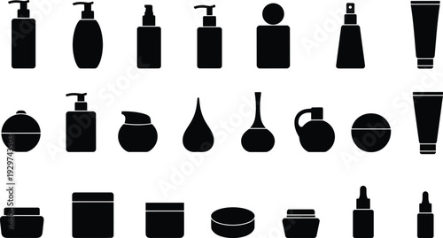 Minimalist cosmetic packaging bottle silhouettes for branding and logo design, skincare beauty product containers set, black and white vector icons for spa industry marketing