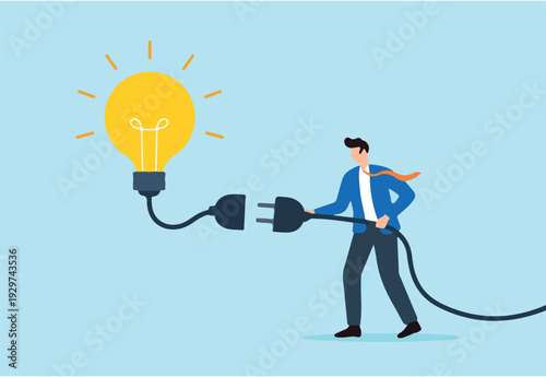  Flat illustration of businessman connecting power cable to glowing lightbulb new idea creativity innovation energy success invention and problem solving