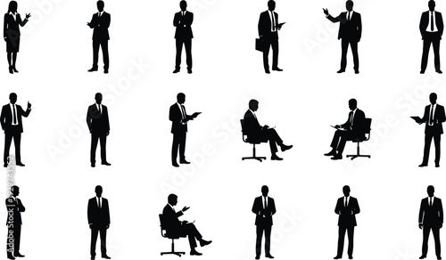 Modern business people silhouettes mega set for corporate branding, professional men and women in suits for office workplace marketing, black vector icons for management infographics