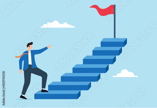 Businessman climb stairs to achieve goal.