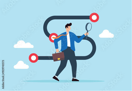Flat illustration of businessman analyzes career path with magnifying glass searching for opportunities and making decisions