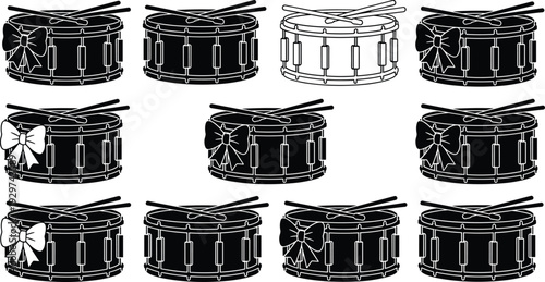 Musical drum silhouettes set with sticks and decorative bows, percussion instrument icons in black vector line art for music festival celebration and marching band design