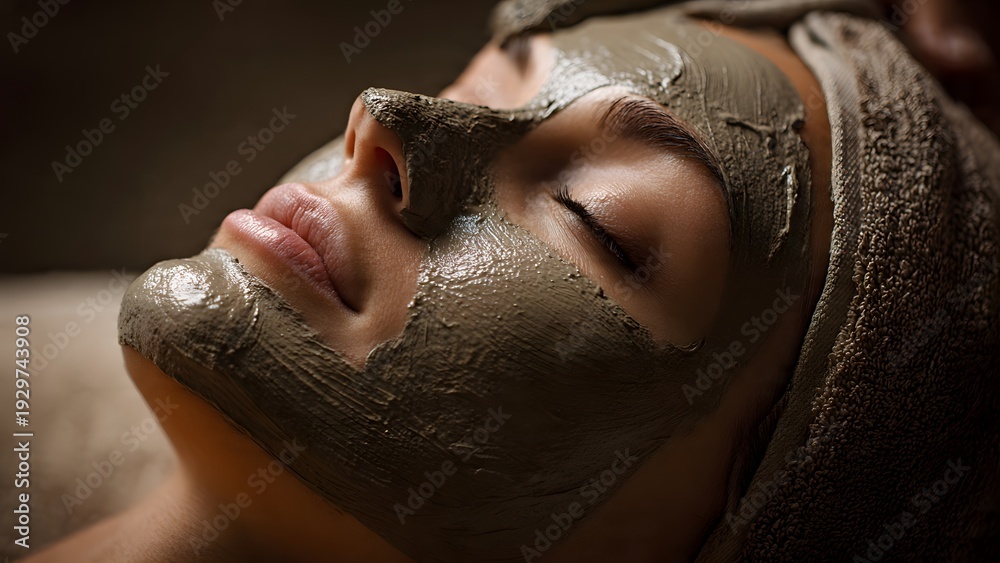 Naklejka premium A serene young woman enjoying a professional organic clay facial mask treatment at a luxury spa for deep skin purification, rejuvenation, and total body wellness.