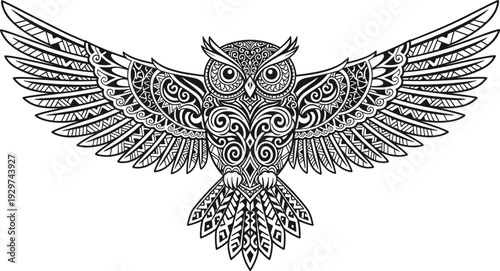 Ornate owl with spread wings tribal mandala style illustration, decorative tattoo design, intricate patterned bird artwork, black white vector isolated on background