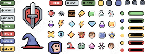 Pixel art fantasy game UI set with buttons icons potions gems characters progress bars retro 8-bit interface assets