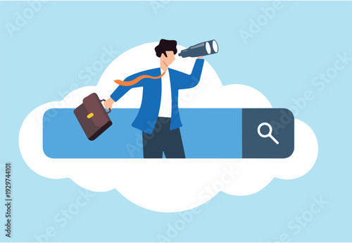  Flat illustration of businessman looks with spyglass binoculars on search bar searching for new job opportunities.
