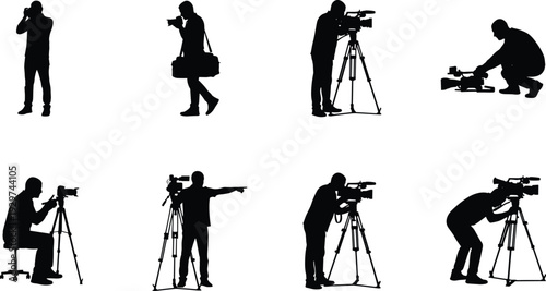 Professional photographer and videographer silhouettes set, cameraman with tripod and movie camera equipment collection, black vector icons for media production and cinema design