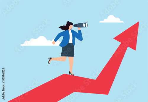 Flat illustration of businesswoman looking through binoculars above arrow searching for growth opportunities for future.