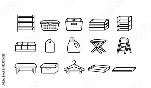 Home laundry closet storage items: linear style storage shelf, laundry basket, fabric bin, storage crate, shelf organizer, drawer divider, label tag, detergent