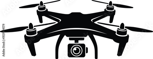 Professional quadcopter drone silhouette with camera vector illustration, aerial photography and video filming equipment icon for modern technology and remote control surveillance design