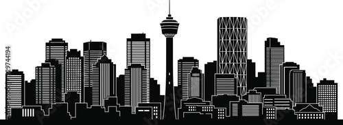 Black and white city skyline with tall buildings and a prominent tower in the center