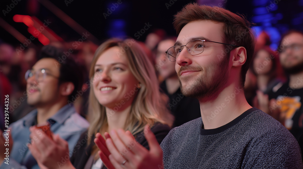 Obraz premium Cheering crowd at esports event, enthusiastic audience, competitive gaming spectators, defocused background, with copy space