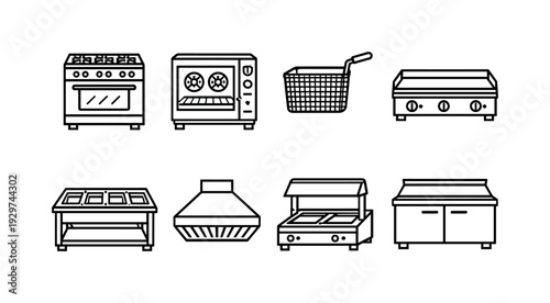 Commercial kitchen appliances: linear style gas range, convection oven, fryer basket, flat top griddle, steam table, exhaust hood, food warmer, prep
