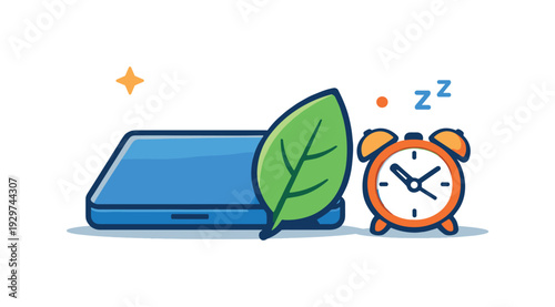 Healthy balance between focused work and intentional rest in everyday life centered on sustainable routines, a closed laptop beside a leaf and a small clock as