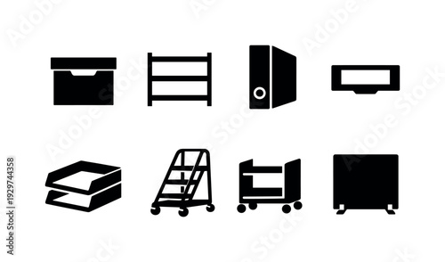 Office archive storage system: archive box, shelving unit, file binder, label holder, document tray, rolling ladder, storage cart, divider panel