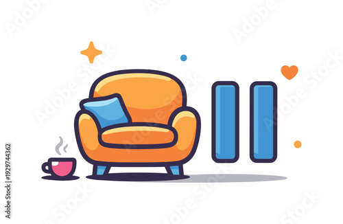 Everyday emotional comfort through a short pause to enjoy silence and rest at home, a soft armchair paired with a pause symbol representing slowing down and