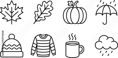 A set of autumn icons including leaves, pumpkin, and warm clothing