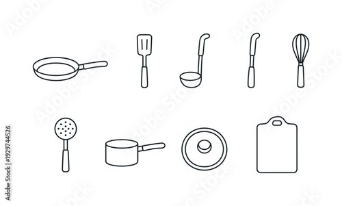 Kitchen cooking utensils set: frying pan, spatula, ladle, whisk, slotted spoon, saucepan, pot lid, cutting board. . Thin consistent line stroke, outline only,