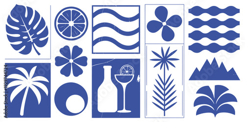 stylized blue and white tropical pattern, botanical and citrus elements, decorative vector illustration, seamless design for textiles and surface projects.