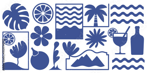 stylized blue and white tropical pattern, botanical and citrus elements, decorative vector illustration, seamless design for textiles and surface projects.