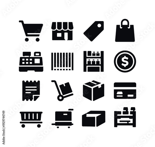 Retail Experience in silhouette style: shopping cart, storefront, price tag, shopping bag, cash register, barcode, shelf, coin, receipt, trolley, product box,