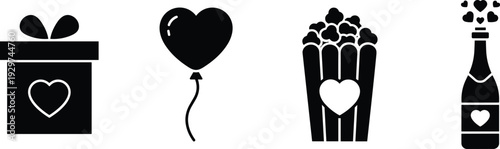 Romantic celebration icons set with heart gift box balloon popcorn and champagne bottle silhouettes, black vector elements for Valentines Day and wedding party design
