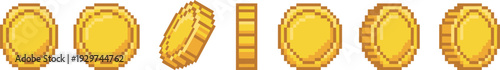 Pixel art gold coin set, retro 8 bit game currency icons isolated shiny treasure token illustration