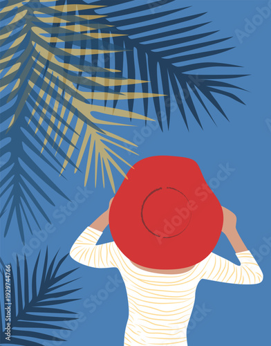 Hand-drawn girl in a big red hat and a white striped blouse against a background of palm trees, summer poster, postcard, invitation, seaside vacation in Italy