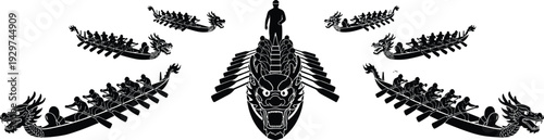 Traditional Dragon Boat racing silhouettes mega set, Chinese water festival rowing competition icons, black vector elements for Asian culture sport and teamwork celebration design