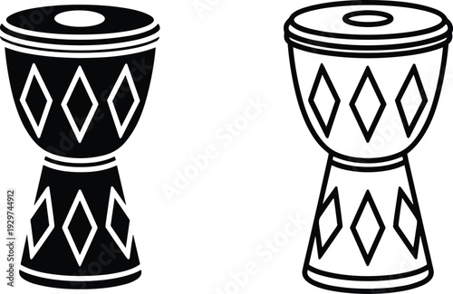 Traditional African djembe drum vector illustration set, ethnic percussion musical instrument with diamond pattern, black and white line art icons for tribal music design