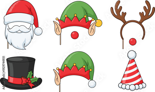 Christmas Photo Booth Props Set with Santa Mask Elf Hat Reindeer Antlers Frosty Top Hat and Striped Party Accessories for Holiday Party Celebrations