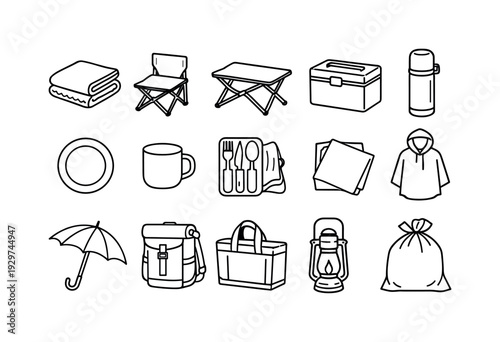 Outdoor rainy day picnic gear: linear style waterproof blanket, folding chair, folding table, cooler box, thermos bottle, plate, cup, cutlery set, napkin,
