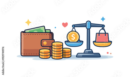 Personal financial stability and mindful spending habits in everyday life highlighting awareness and control, a wallet combined with stacked coins and a simple