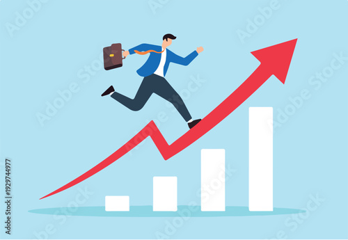 Flat illustration of businessman leaps forward over rising growth graph symbolizing business transformation.
