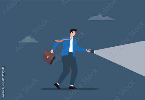 Flat illustration of businessman holds flashlight for guidance symbolizing mentorship and direction towards success.