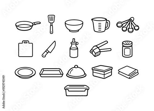 Home spinach saute tools: linear style saute pan, spatula, mixing bowl, measuring cup, measuring spoon, cutting board, chef knife, oil bottle, garlic press,