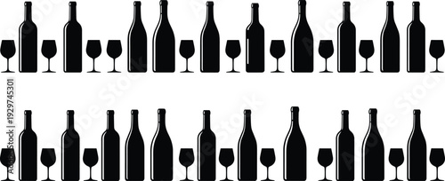 Wine bottles and glasses seamless silhouette pattern, alcohol beverage background for bar restaurant menu design, winery drink icon black white vector
