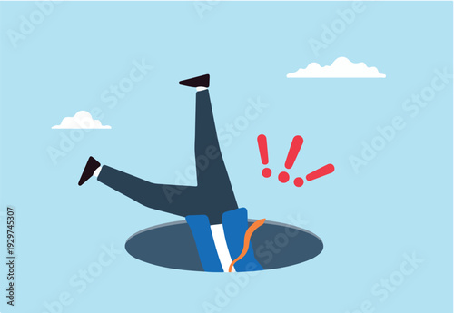  Flat illustration of terrified businessman fall into hole with exclamation mark failure and mistake risk of business crisis recession danger trouble loss or pit fall.