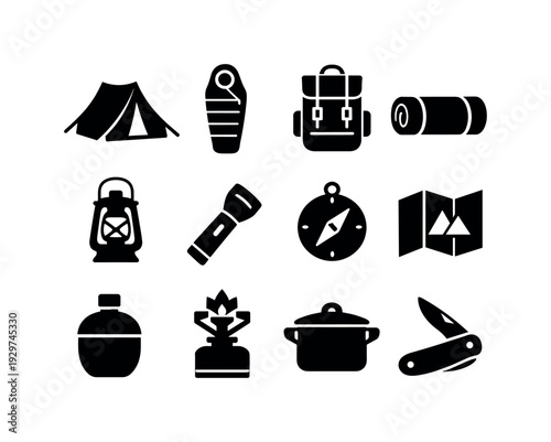 Outdoor camping essentials: tent, sleeping bag, backpack, camping mat, lantern, flashlight, compass, map, canteen, camp stove, cooking pot, pocket knife
