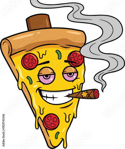 Funny Cartoon Pizza Slice Character with Melting Cheese Toppings and Pink Eyes Smoking a Cigar or Blunt Isolated on White Background Illustration