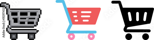 Pixel art shopping cart icon collection, retro 8 bit ecommerce trolley symbols isolated on white background illustration