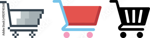 Pixel art shopping cart icons set, retro 8 bit ecommerce trolley collection isolated on white background illustration