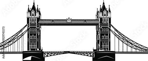 Black and white line of the iconic tower bridge in london with detailed architectural and suspension cables