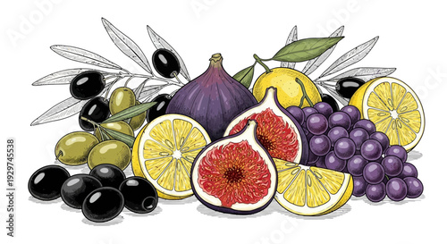 Fresh fruit arrangement with figs, lemons, grapes and olives
