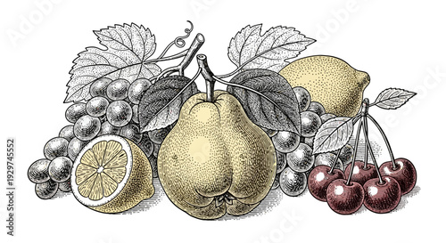 fresh fruit arrangement with pears, lemons, grapes and cherries