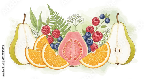 Fresh fruit arrangement with pears, oranges, and berries