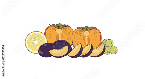 Fresh fruit arrangement with persimmon, plum, lemon and grapes
