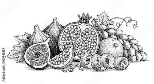 Fresh fruit arrangement with pomegranate, figs, and grapes