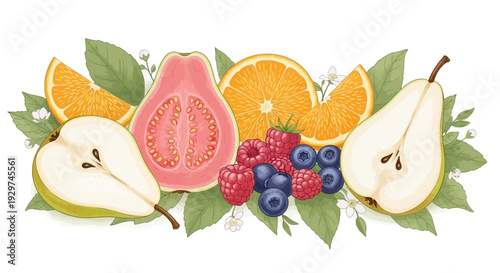 Fresh fruit arrangement with pears, oranges, and berries