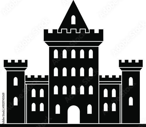 Black and white of a medieval castle with towers and battlements 1